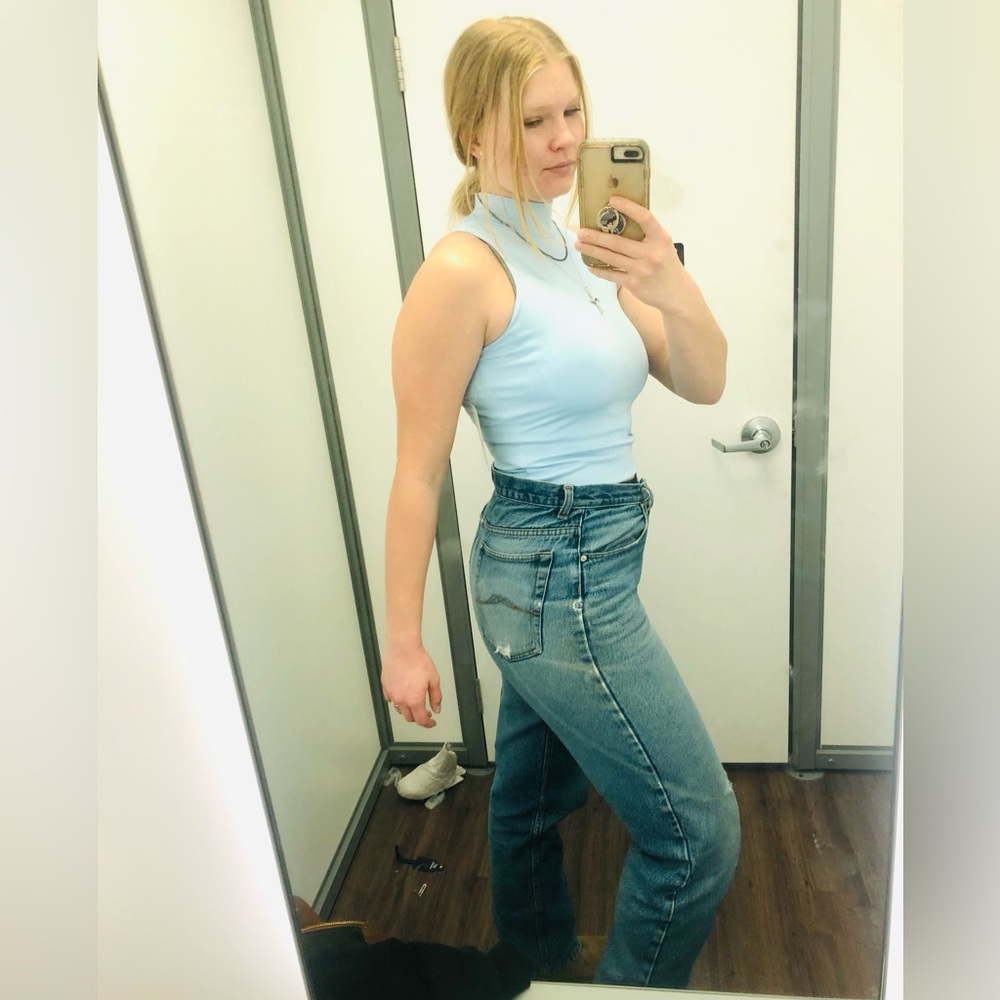 Full Blue Registered Vintage Straight Leg Distressed Jeans Retro High Rise - Picture 7 of 16